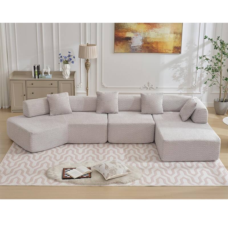 Modern Minimalist 140" L-Shape Couch ,No Assembly Required,Boucle,Modular Sofa ,Couch with Chaise - Grey
