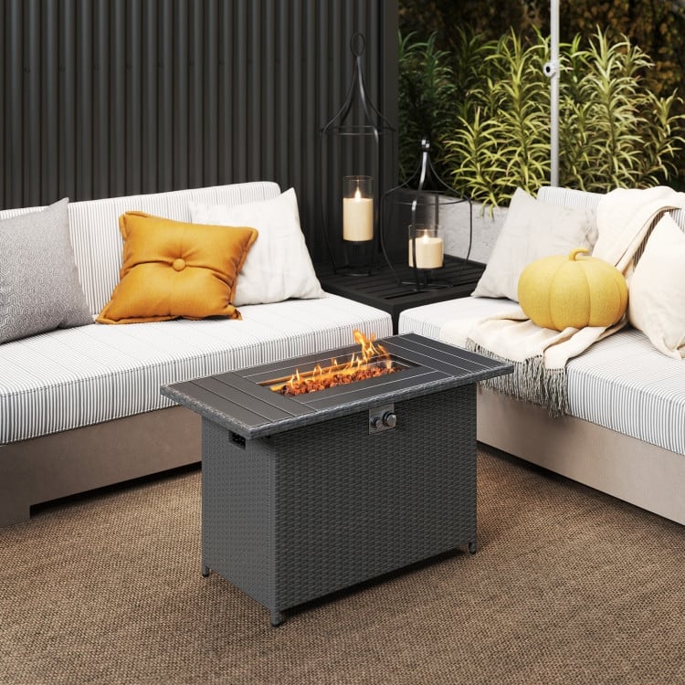 Propane Fire Pit Table 50000 BTU Outdoor Patio Heater with PE Rattan Coffee Table and Stainless Steel Burner