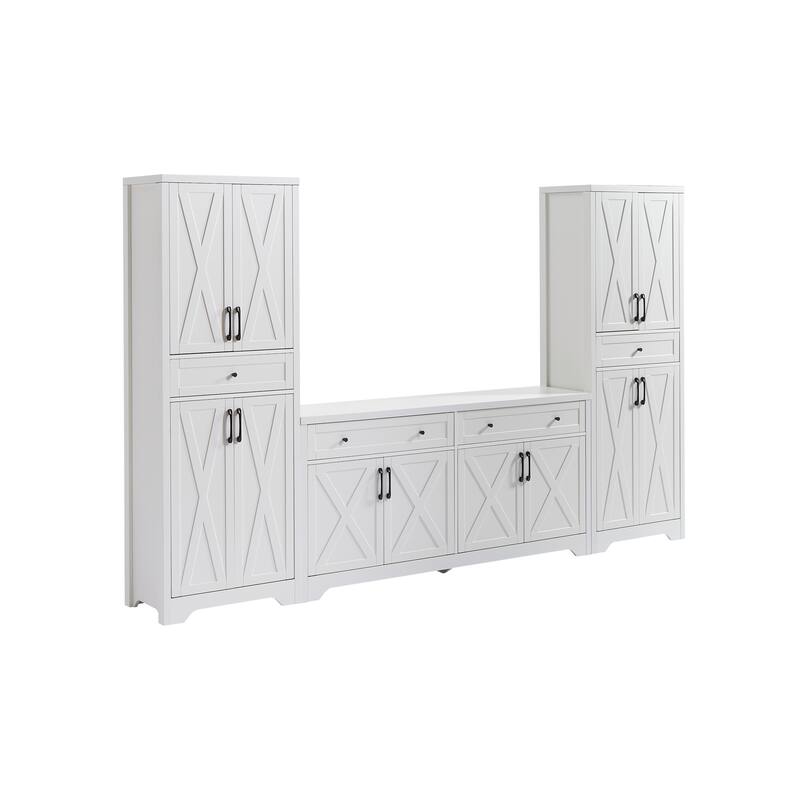 TV Cabinet Set Multifunctional TV Wall, One TV Cabinet and Two Sideboards for Living Room, White, 108.7''L x 15''W x 68''H - White