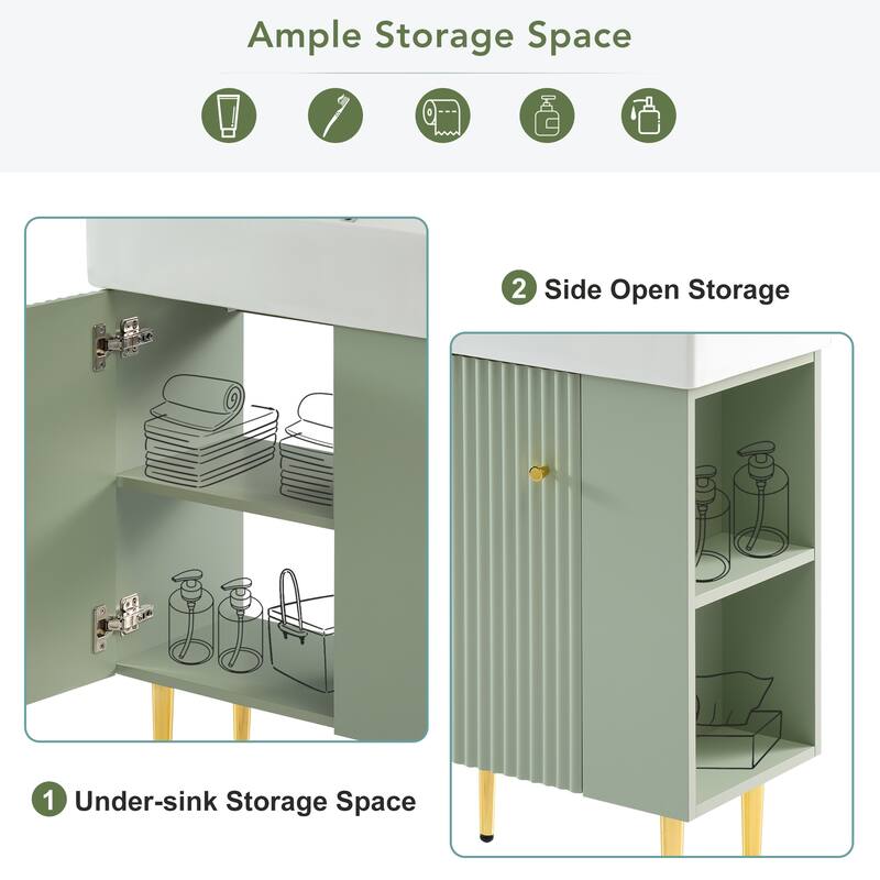 21.6-Inch Green Bathroom Vanity with Ceramic Undermount Sink, Soft-Close Door, and Side Storage Cabinet - 12.2in L Ceramic+MDF