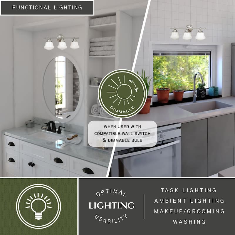Huntley 3 Light Satin Nickel Farmhouse Schoolhouse Bathroom Vanity Fixture - 24-in W x 10-in H x 7-in D