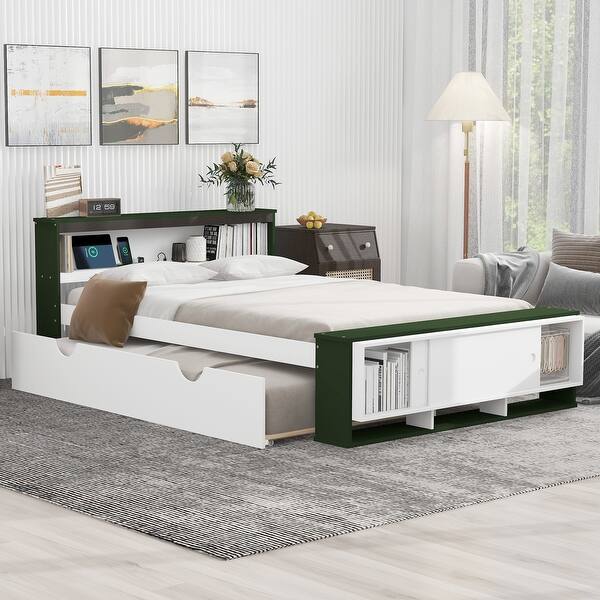 slide 2 of 12, Full Size Platform Bed with Trundle and USB Charging, Wooden Kids Bed Frame with Storage Headboard and Footboard, White+Green Green