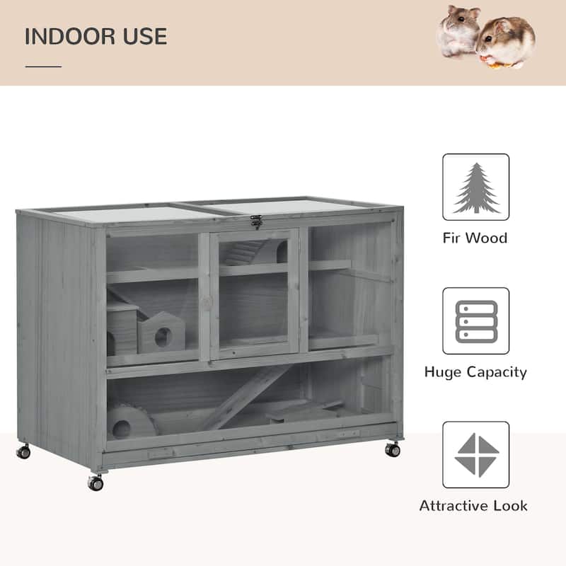 Slate Grey Fir Wood Hamster Cage 3-Tier with Plexiglass and Wheels - 43.25" L x 23.5" W x 31.5" H