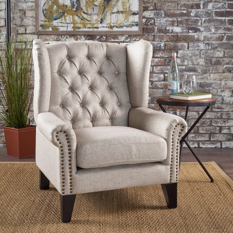 Roomfitters Tufted Wingback Accent Chair, Upholstered Armchair with Nailhead Trim and Solid Wood Legs
