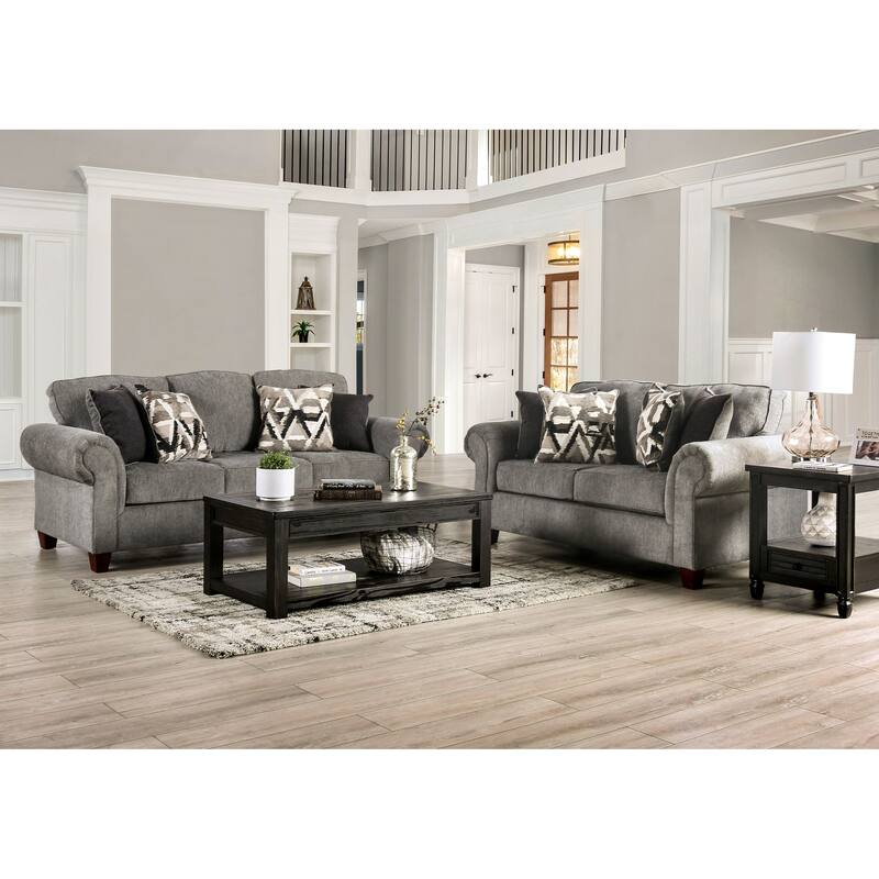 Mecia Transitional Chenille Rolled Arms 2-Piece Sofa Set by Furniture of America - Graphite