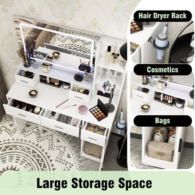 LED 3-Color Illuminated Dressing Table with Power Outlet, Vanity Table Set with Cushioned Stool, 3 Drawers & 3 Open Shelves