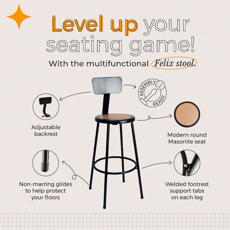 Hampden Furnishings Felix Collection Steel Stool with Backrest, AssemblyReady