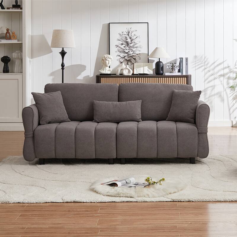 80'' Chenille Fabric Sofa with Lumbar Pillow, 3-seater Upholstered Sofa Chaise with 2 Cushions for Livingroom