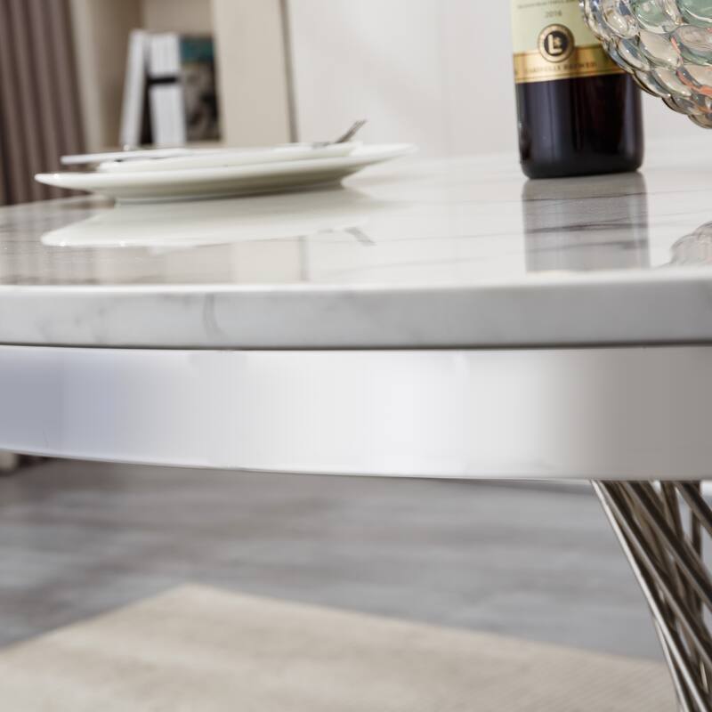47" Round Dining Table with Faux Marble Tabletop and Stainless Steel Base - Silver+White