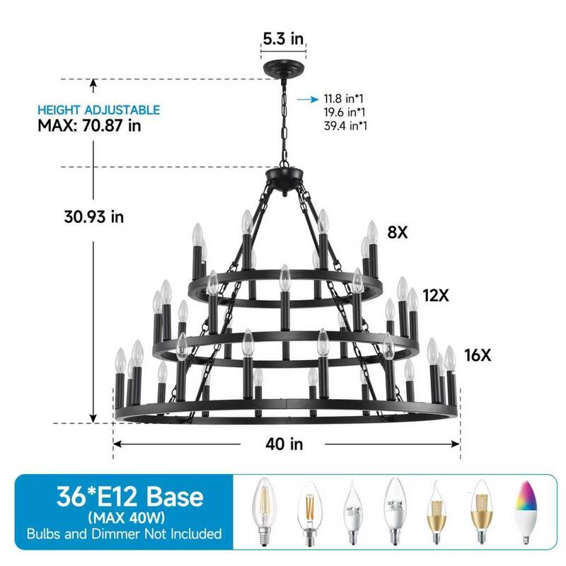 39.37 INCH 3 Tiers Wagon Wheel Chandelier Farmhouse 36-Light(8+12+16) , Black Fixtures Industrial. Adjustable Height-E12