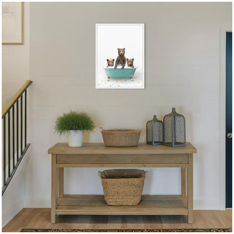 Kate and Laurel Sylvie Three Bear Cubs in Teal Bathtub on Colored Tile Framed Canvas by Amy Peterson