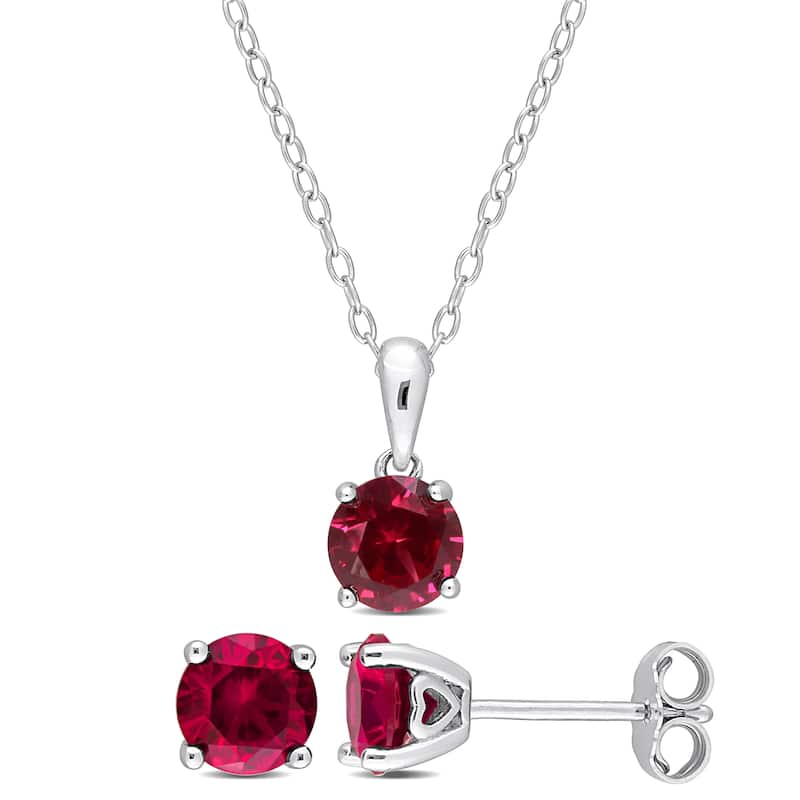 Miadora 3ct TGW Created Ruby Solitaire Necklace and Stud Earrings Set in Sterling Silver