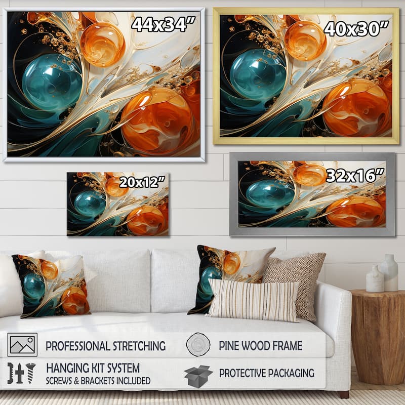 Designart "White Blue And Orange Ink Storm III" Abstract Painting Blue Wall Decor Modern Bedroom Framed Canvas Wall Art