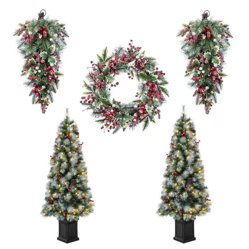 Glitzhome Christmas 5-Piece Set with Berry Leaf Wreath, Teardrop and 4/5ft Potted Trees for Entrance Decoration - 5PK-5ftTrees&Swags&Wreath