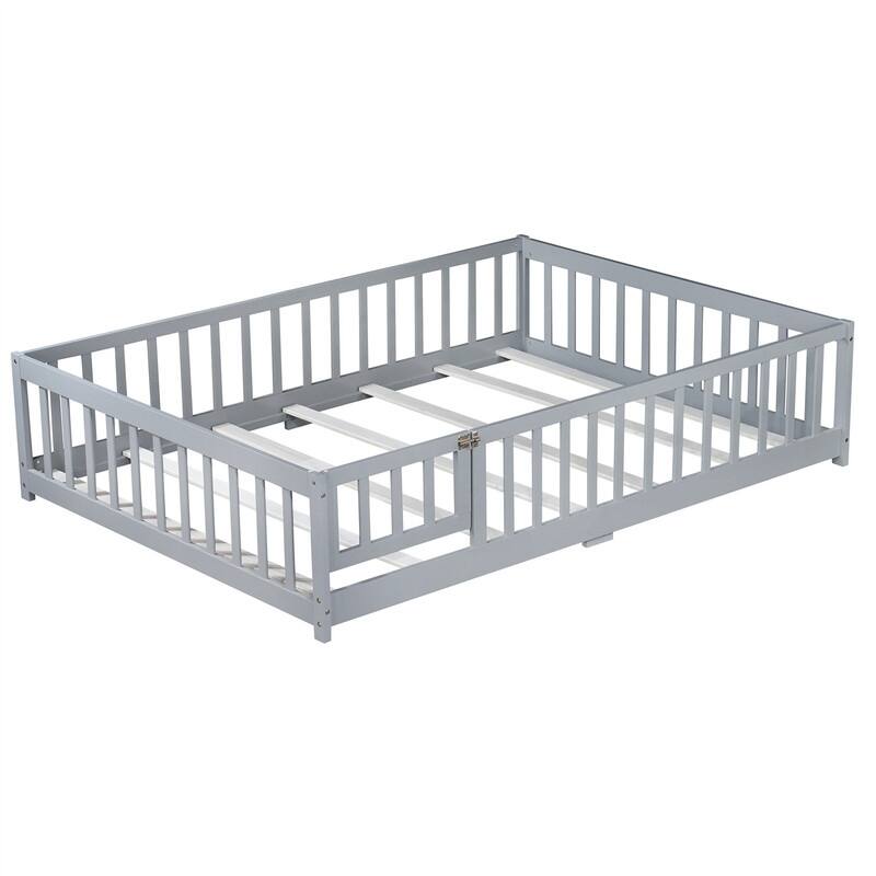 Twin/Full/Queen Size Floor Bed with Fence Guardrails and Door, Rubber Wood Toddler Bed Montessori Bed with Slats Support