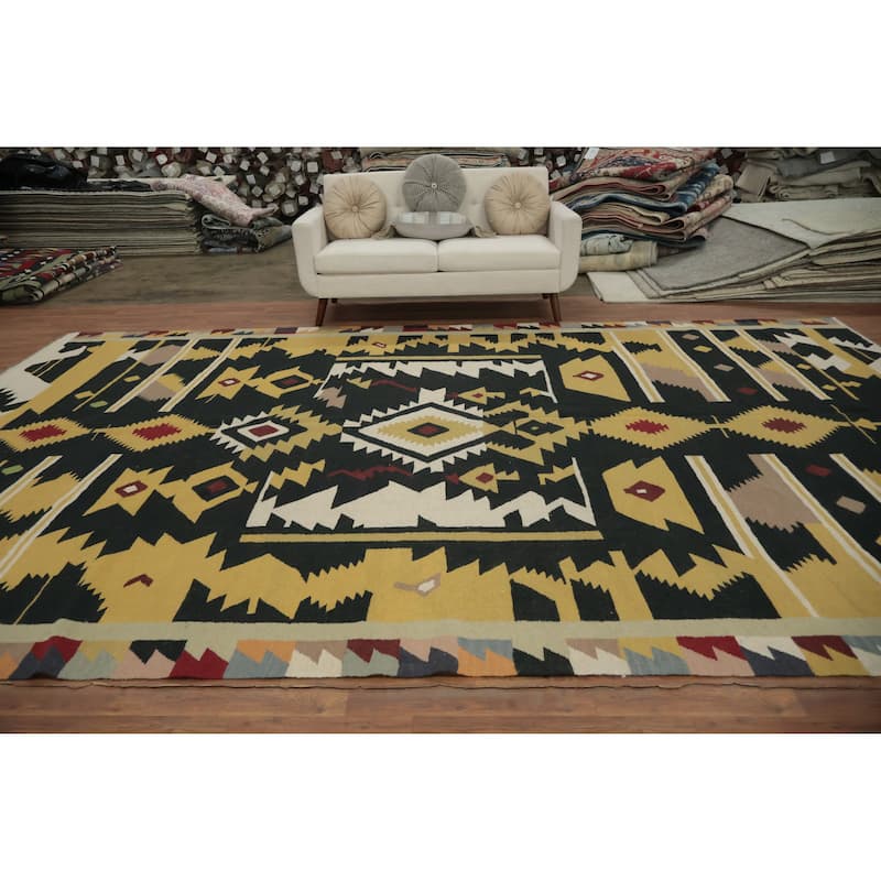 Hand Woven Oriental 100% Wool Carpet Southwestern Tribal Black Kilim Area Rug - 14' 11'' X 9' 9''