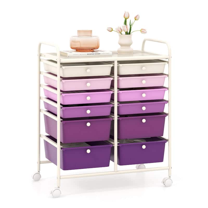 12-Drawers Rolling Storage Cart with Organizer Top - See Details - Purple