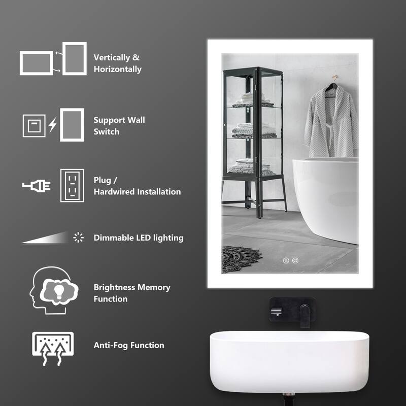LED Bathroom Vanity Mirror Wall Mounted Dimmable Anti-Fog Mirror with 2 Buttons Vertical & Horizontal Hang