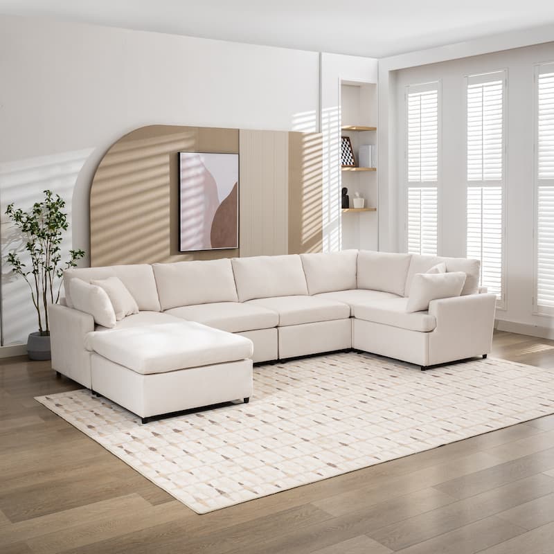 Modern Large U-Shape Sectional Sofa, with Removable Ottomans for Living Room (6-Seater) - Beige