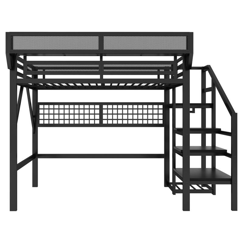 Full / Queen Metal Loft Bed with Stairs Light Storage Wardrobe for Kids Teens Adults