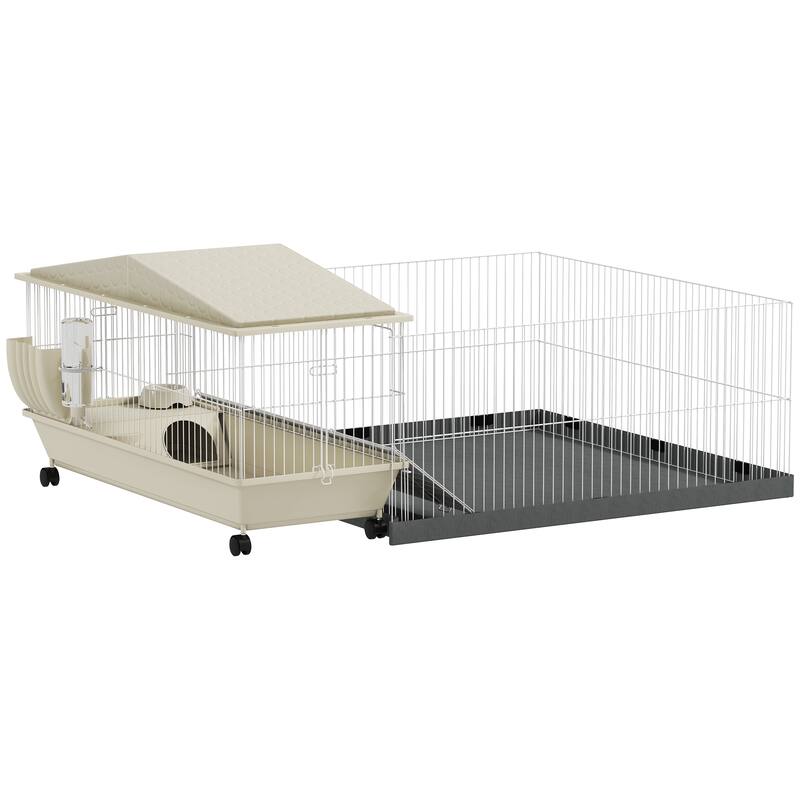 Pet Cage with Expandable Play Area, Wheels and Lambskin-Lined Door - 54.3" L x 39.8" W x 22.4" H
