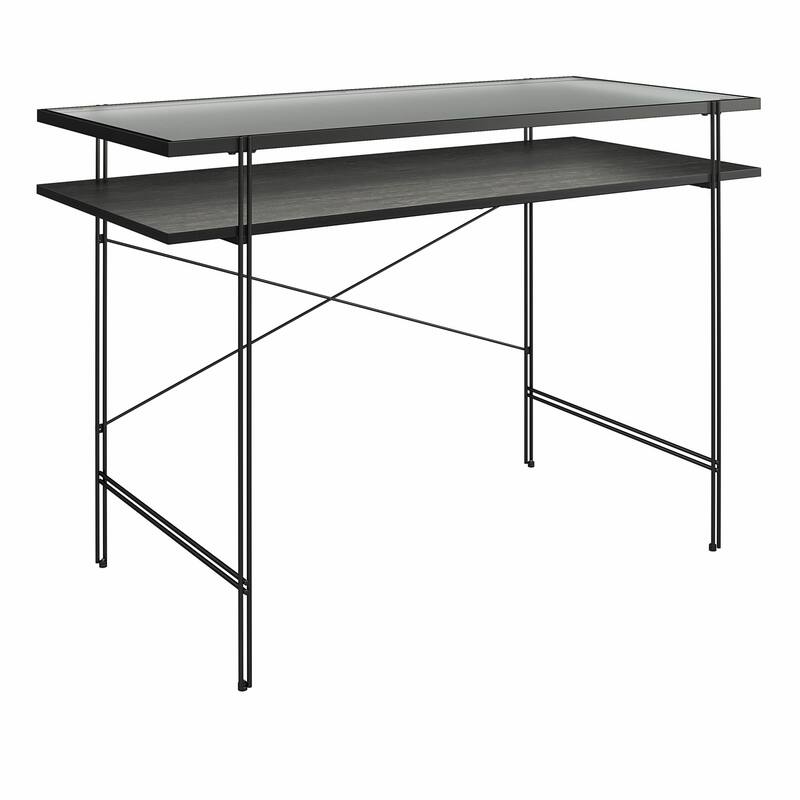 Roomfitters Vance Computer Desk with Fluted Glass Top and Open Shelving, Laminated Wood, Black