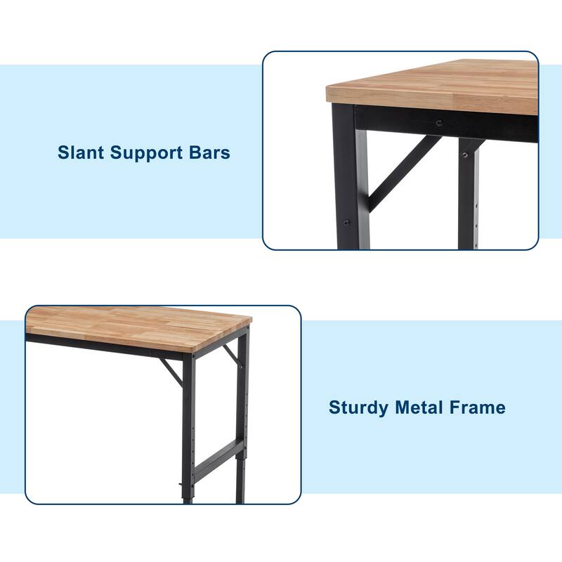 48" Heavy-Duty Adjustable Workbench for Garage, Rubber Wood shop table W/Metal Wheels, Hardwood Workstation