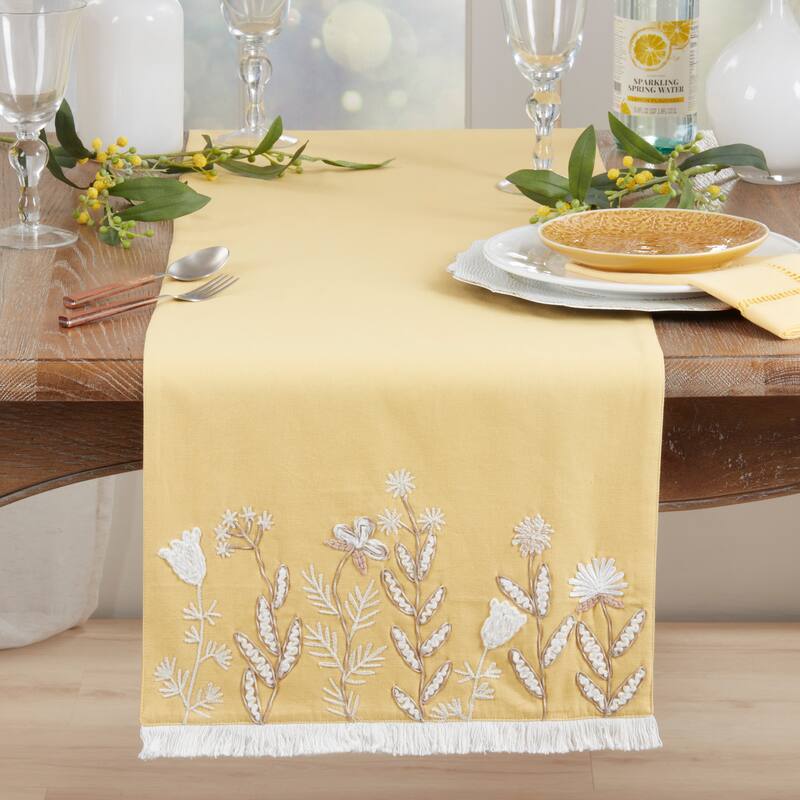 Embroidered Meadow Table Runner - Lined Decorative Table Runner with Fringe for Dining & Console Tables, 16"x72"