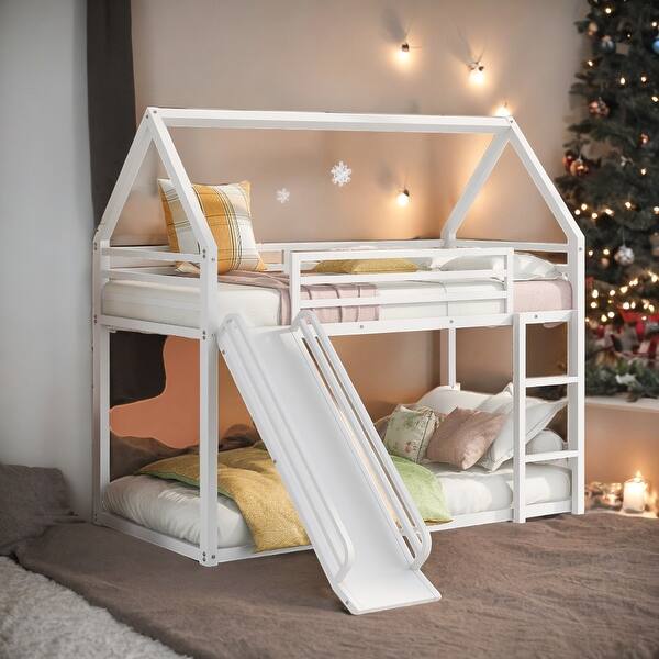 slide 2 of 9, Twin Over Twin House Bunk Bed With Convertible Ladder and Slide for Home White
