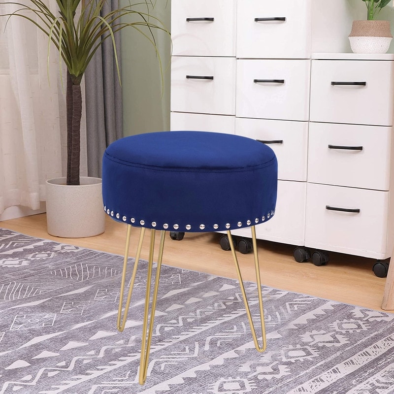 Adeco Footstool Round Ottoman Velvet Dressing Stool Gold Metal Legs