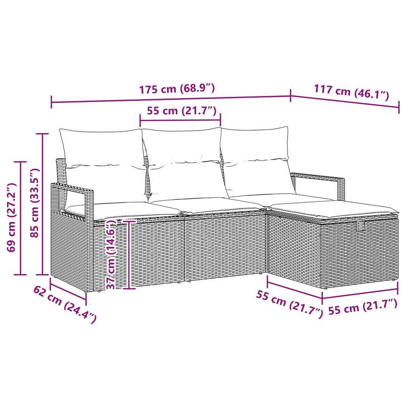 vidaXL 4 Piece Garden Sofa Set with Cushions Black Poly Rattan - 68.9×46.1×27.2