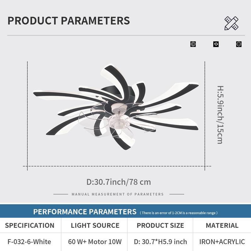 31" Oaks Aura Modern Flush Mount Ceiling Fan with Lights, 12in. Fan Blade 6-Speed Fan Light With Remote Control