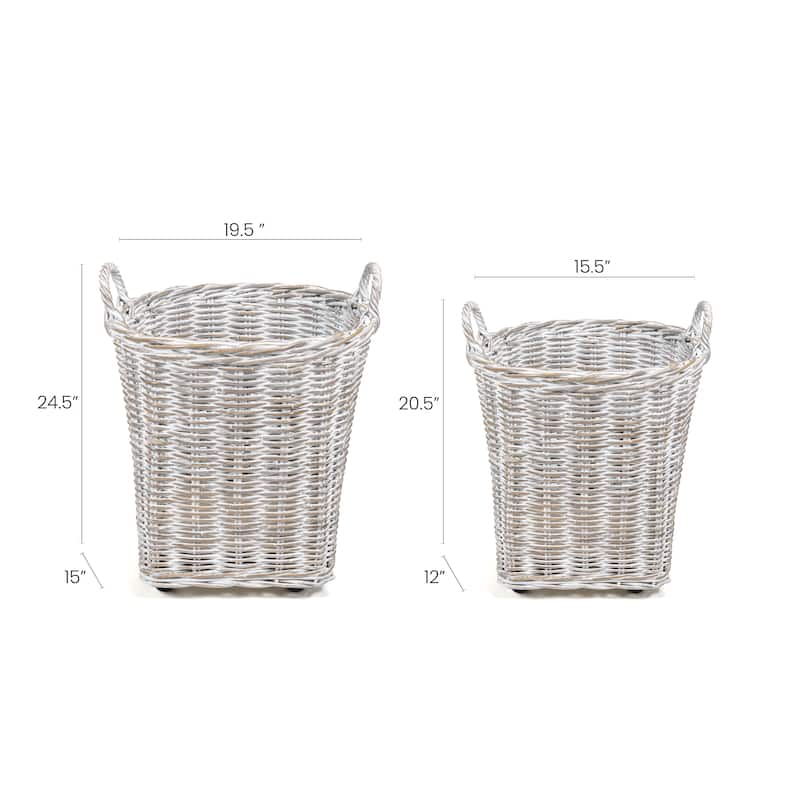 happimess Arbour Rustic Hand-Woven Rattan Nesting Baskets with Wheels and Handles, White Wash/Kubu Gray (Set of 2)