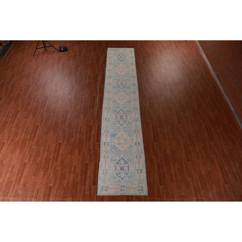 Hand Knotted Oriental 100% Wool Carpet Transitional Geometric Navy Blue & Blues Oushak Runner Rug - 17' 0'' X 3' 3''