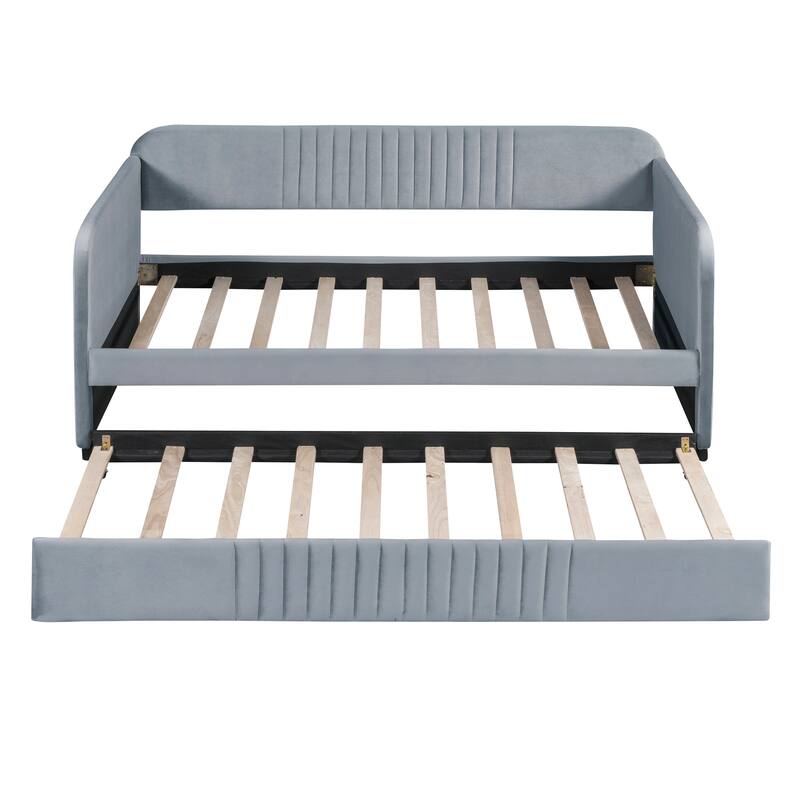 Twin Upholstered Daybed with Trundle Bed - Velvet Fabric Sofa Bed with Wood Slats, for Small Spaces, No Box Spring Needed