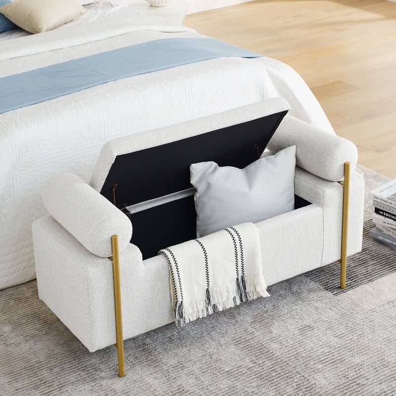 Morden Velvet Upholstered Storage Ottoman Bench, Elegant Footstool with Rolled Arms and Iron Legs for Bedroom, Hallway