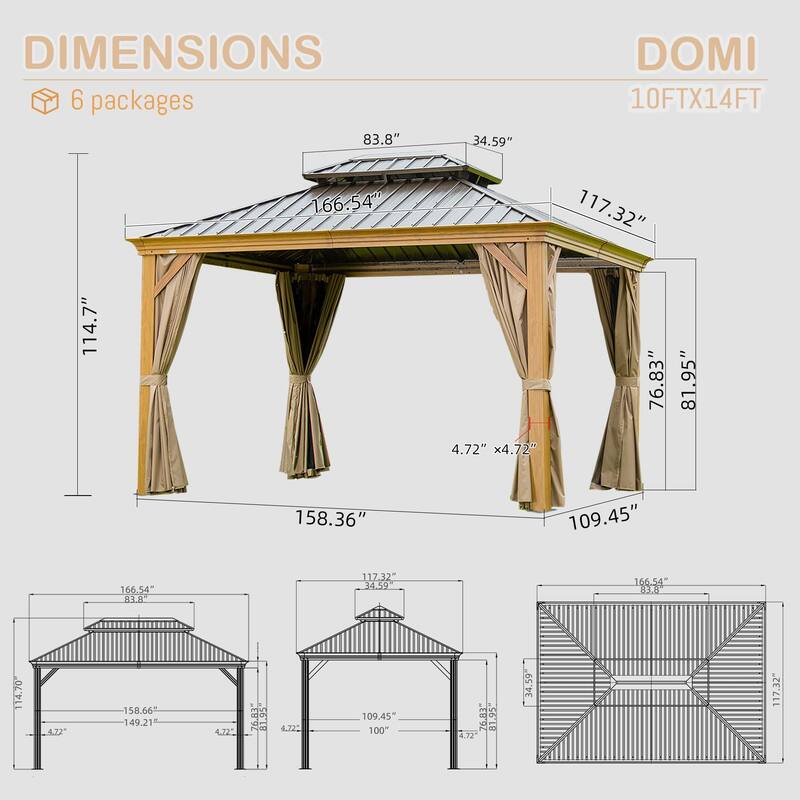 10'x14' Hardtop Wood Grain Gazebo with Galvanized Steel Roof, Aluminum Frame & Netting for Patio