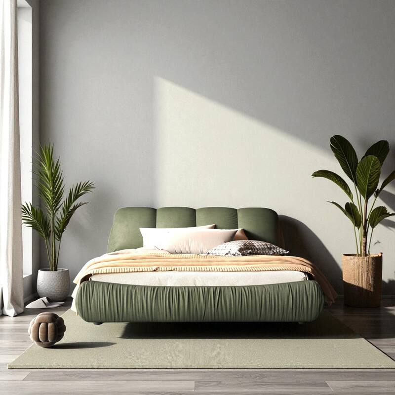Queen/King Size Luxury Upholstered Platform Bed with Oversized Padded Headboard, Solid Wood Frame & Adjustable Mattress Height - Green - Queen