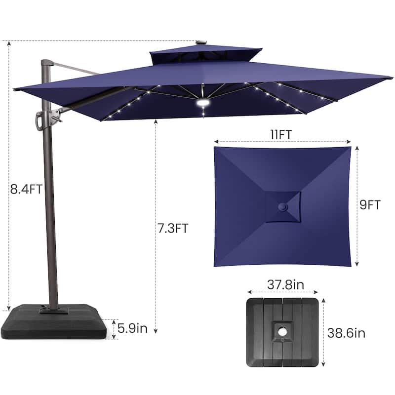 9 x 11 FT Outdoor Dual Top Solar Powered LED Aluminum Patio Cantilever Umbrella and Weighted Base