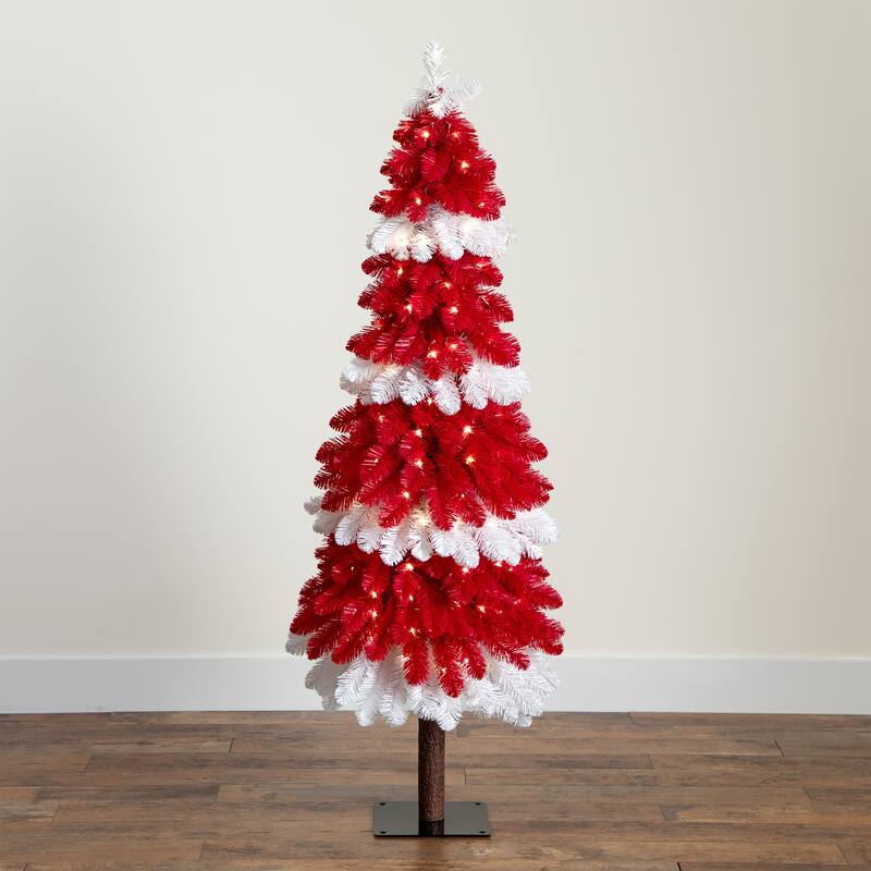 Pre-Lit Peppermint Artificial Pine Christmas Tree - 5’ - Warm White LED Lights - 5 Foot