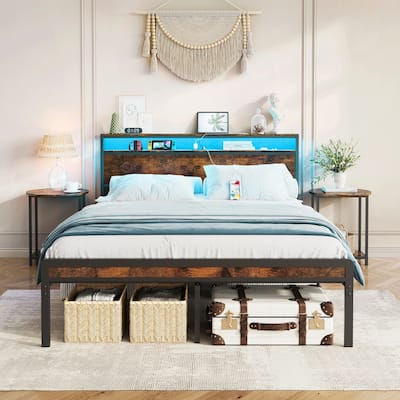 Full Size Metal Bed Frame with Headboard and Footboard and LED Lighting