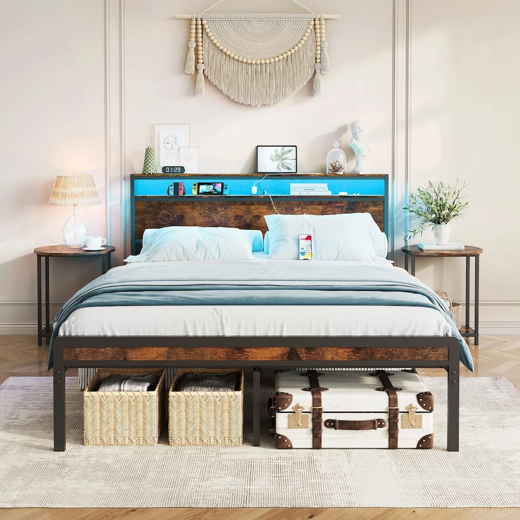 Full Size Metal Bed Frame with Headboard and Footboard and LED Lighting