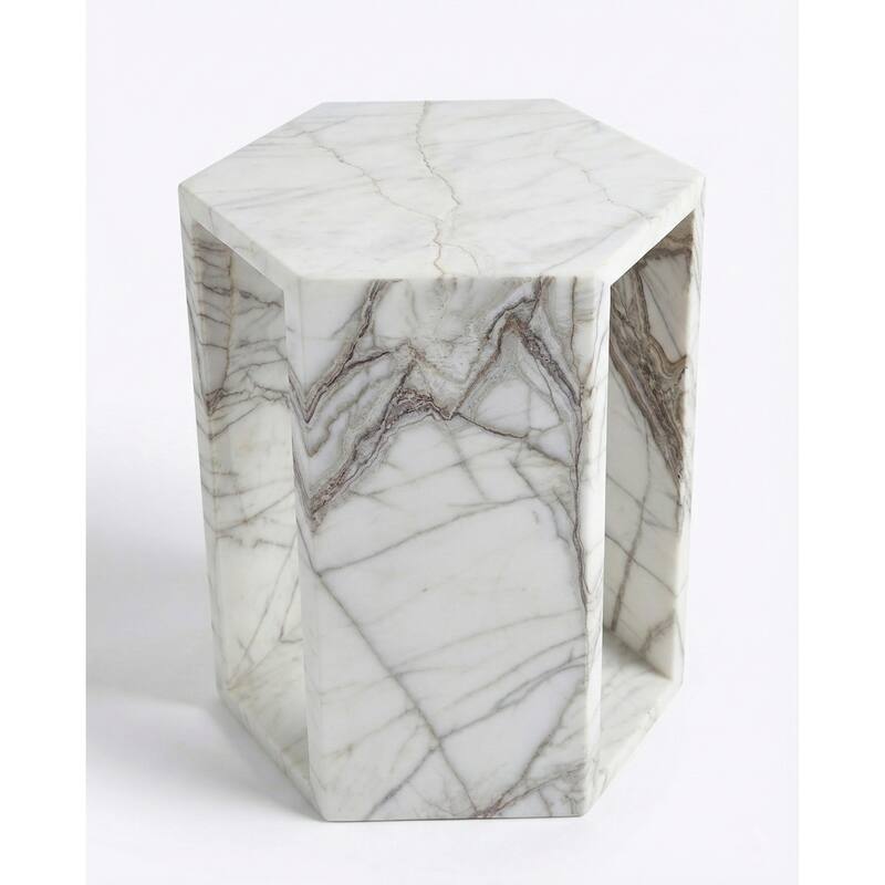 Roomfitters Luxury Natural Marble Hexagon Side Table, Solid Stone Geometric Pedestal End Table, Polished Finish