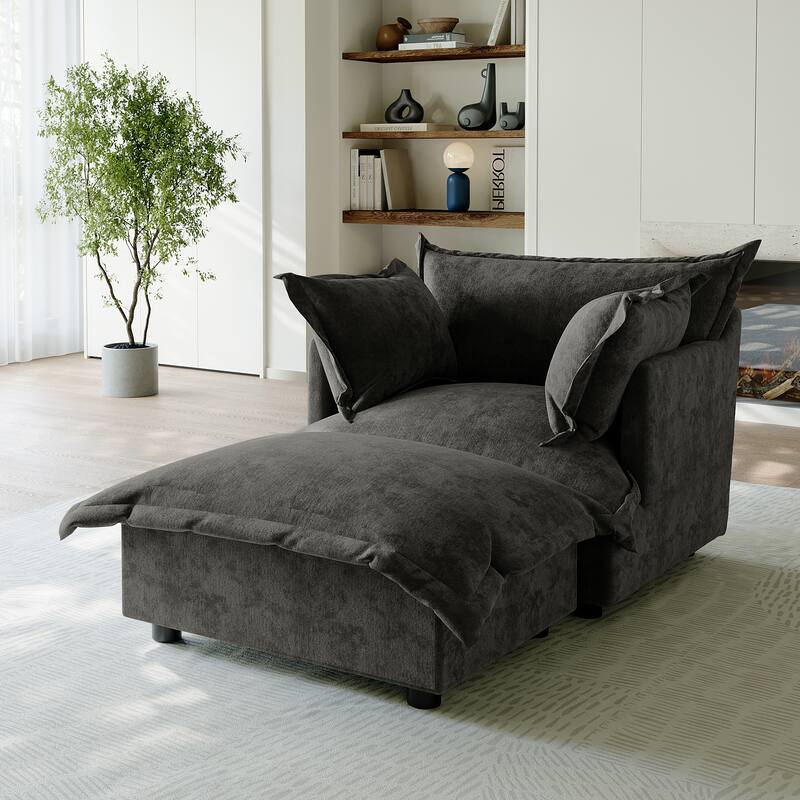 39"W Oversized Chenille Comfy Cloud Chaise Lounge with Ottoman - Dark Grey