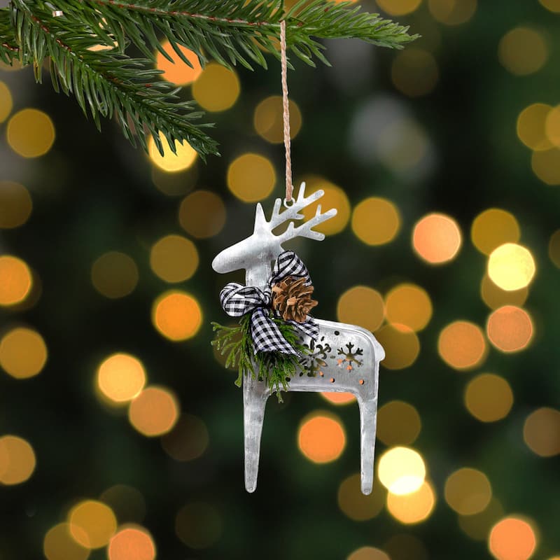 6.25" Silver Metal Reindeer Ornament a Black Gingham Bowtie Pine