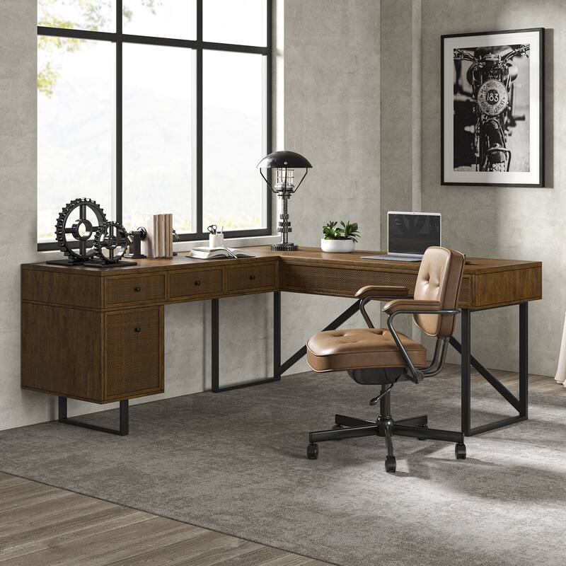 Alfons Industrial L-shaped Lift Top Cane Executive Office Desk with Drawers and Built-In Outlets by HULALA HOME - Walnut