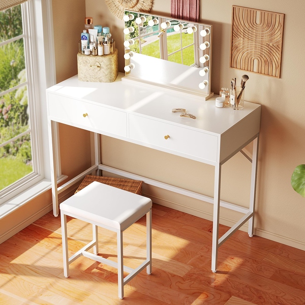 35.4 Desk with 2 Drawers Modern Makeup Vanity Desk with Padded Stool Small Computer Desk Home Office Desk Bed Bath Beyond 41073678