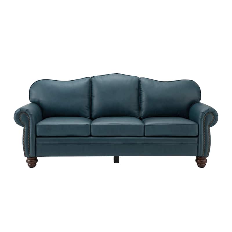 Balvino 81" Wide Transitional Genuine Leather Rolled Arm Nailhead Trim Sofa with Solid Wood Legs and Removable Cushions