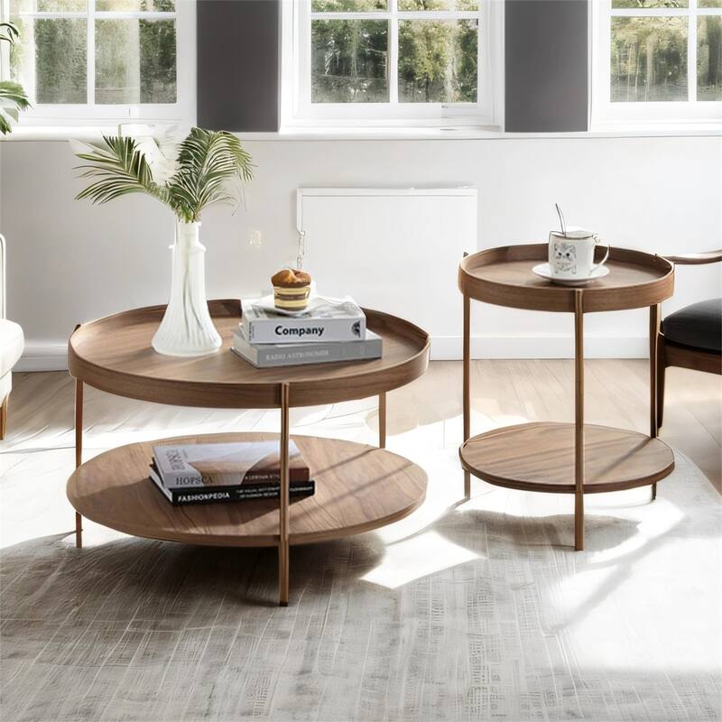 2-Piece 2 tier Round Coffee Table Set,Easy Assembly Nesting End Tables
