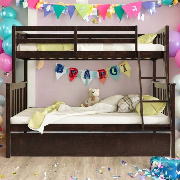 slide 2 of 11, Detachable Rubber Wood Twin Over Full Bunk Bed with Trundle,Convertible Ladder and Guardrail